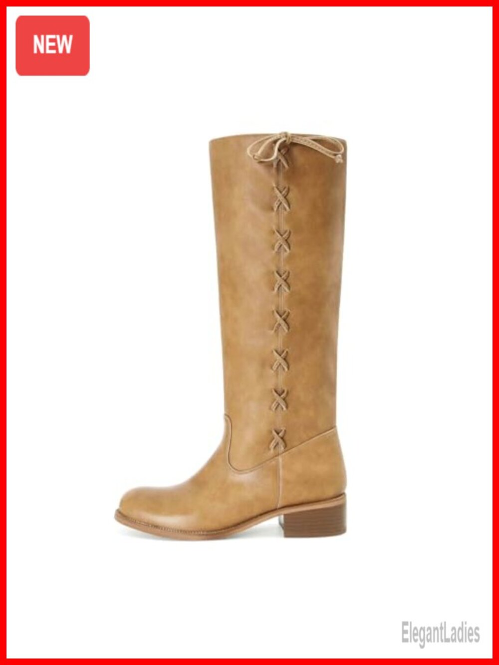 Knee High Boots Side-Lace Faux Leather Chunky Heel Wide Calf Riding Boots